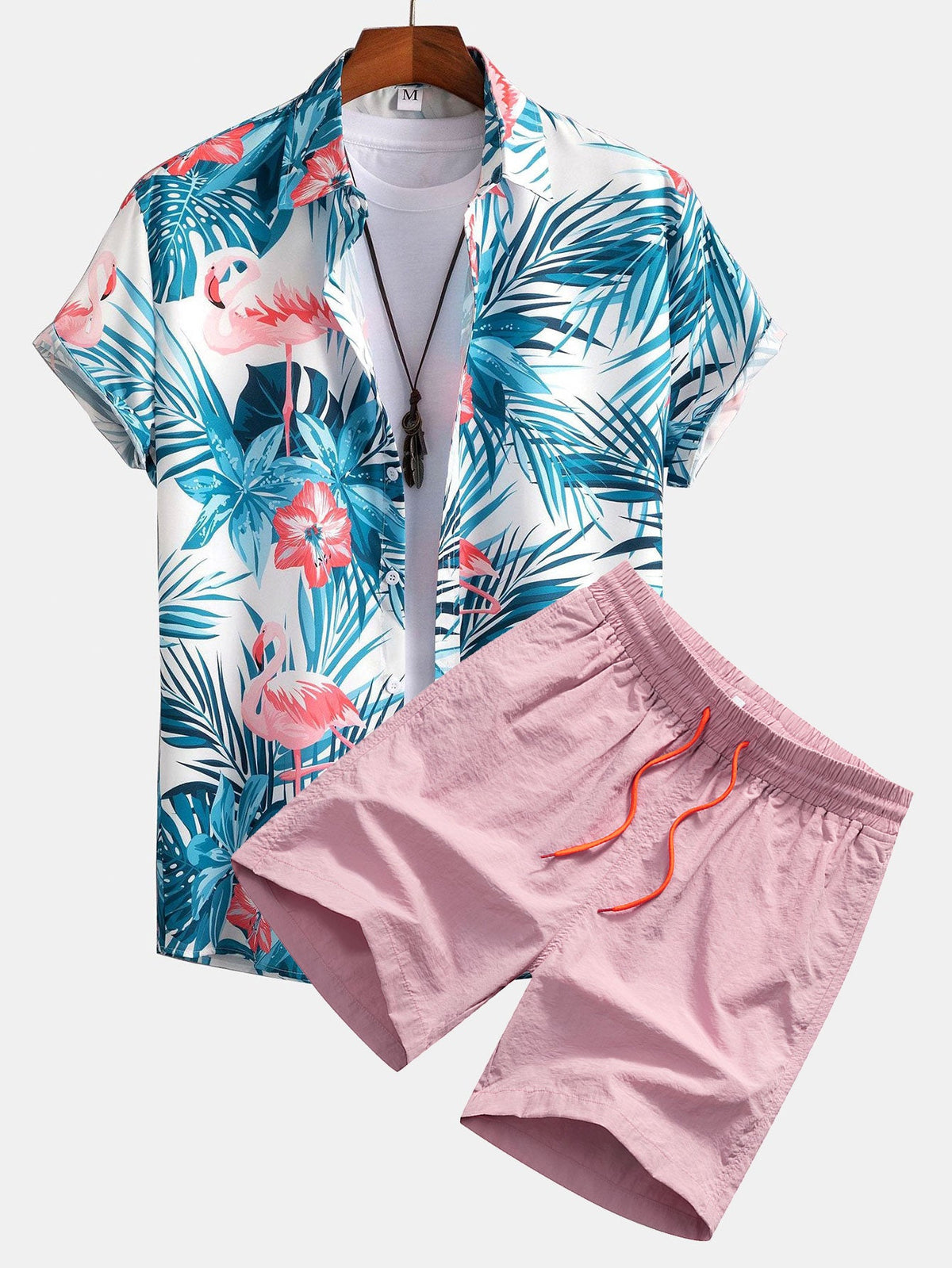 Camisa com botões e estampa tropical de flamingo e shorts de banho