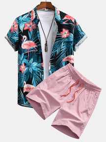 Hemd mit Knopfleiste und Badeshorts mit Flamingo-Tropenprint