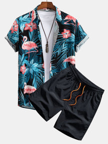 Hemd mit Knopfleiste und Badeshorts mit Flamingo-Tropenprint