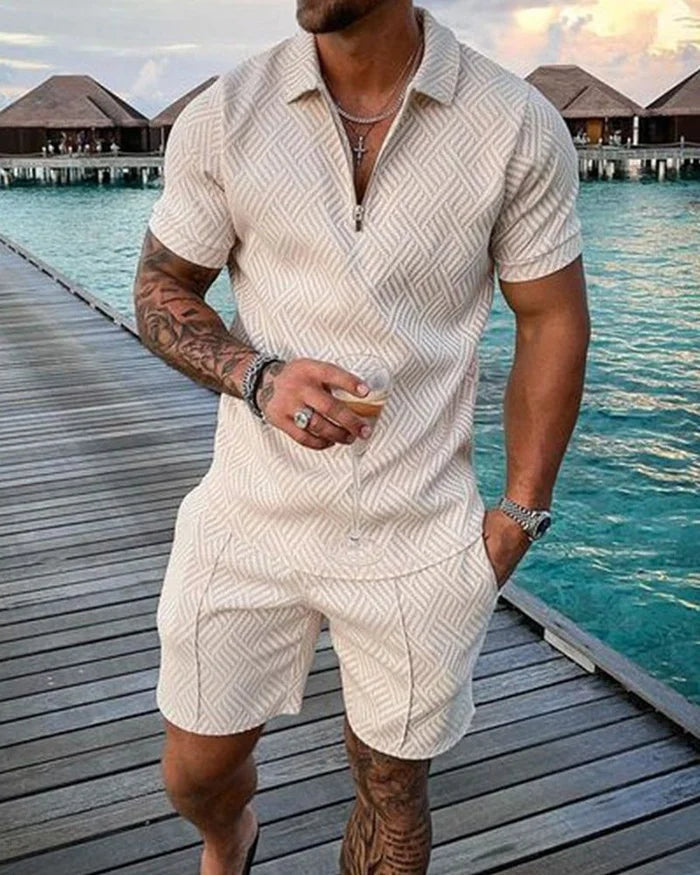 Camisa Polo Creme Lapela e Shorts Co-Ord