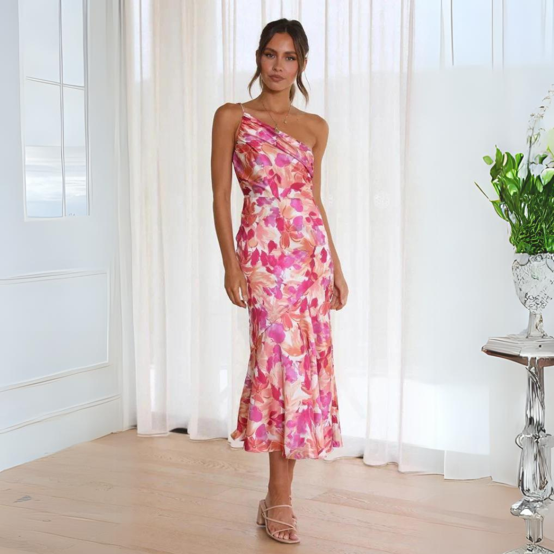 Onnat Ostra - Elegante jurk met één schouder met bloemenprint