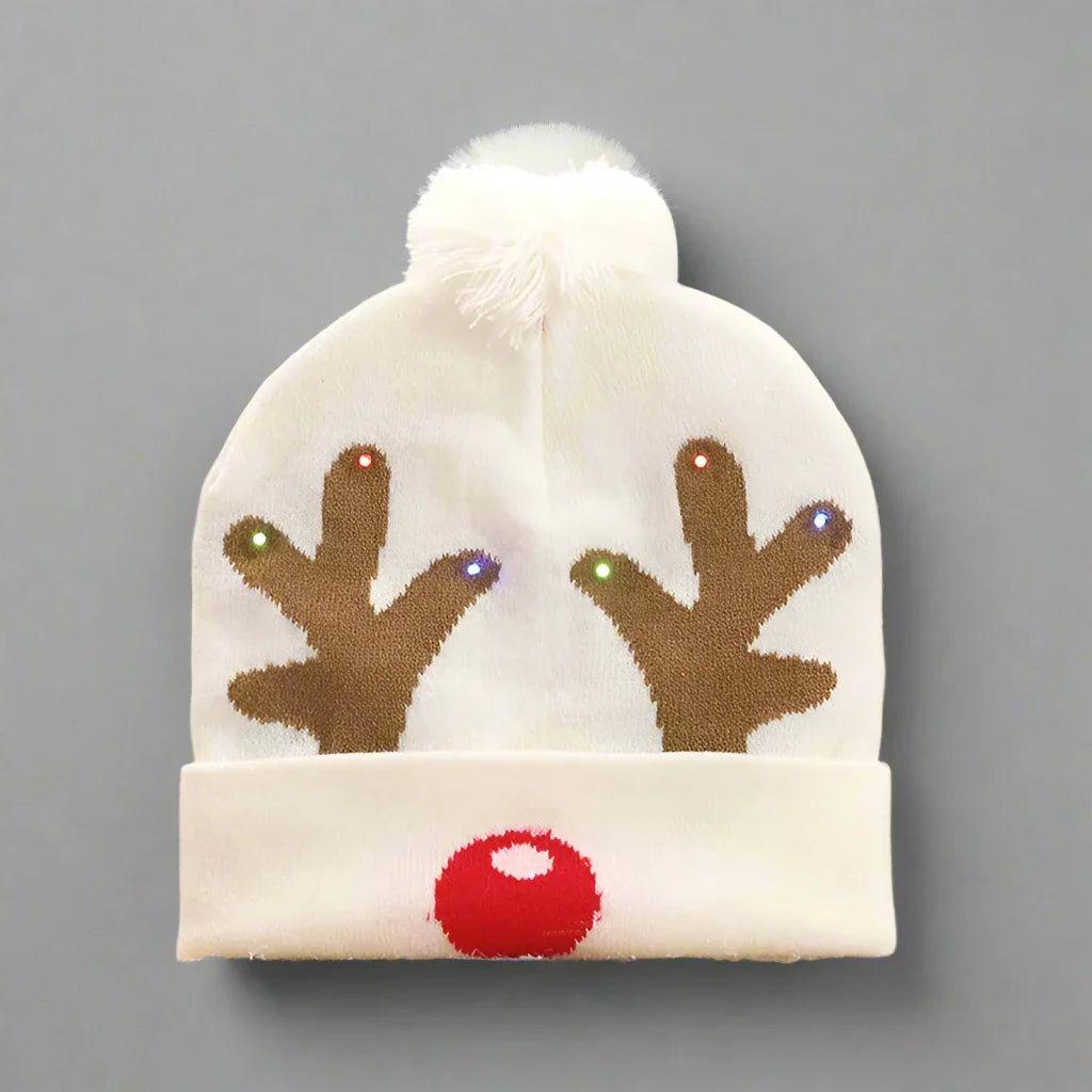 Light Up Christmas Beanie- White Reindeer