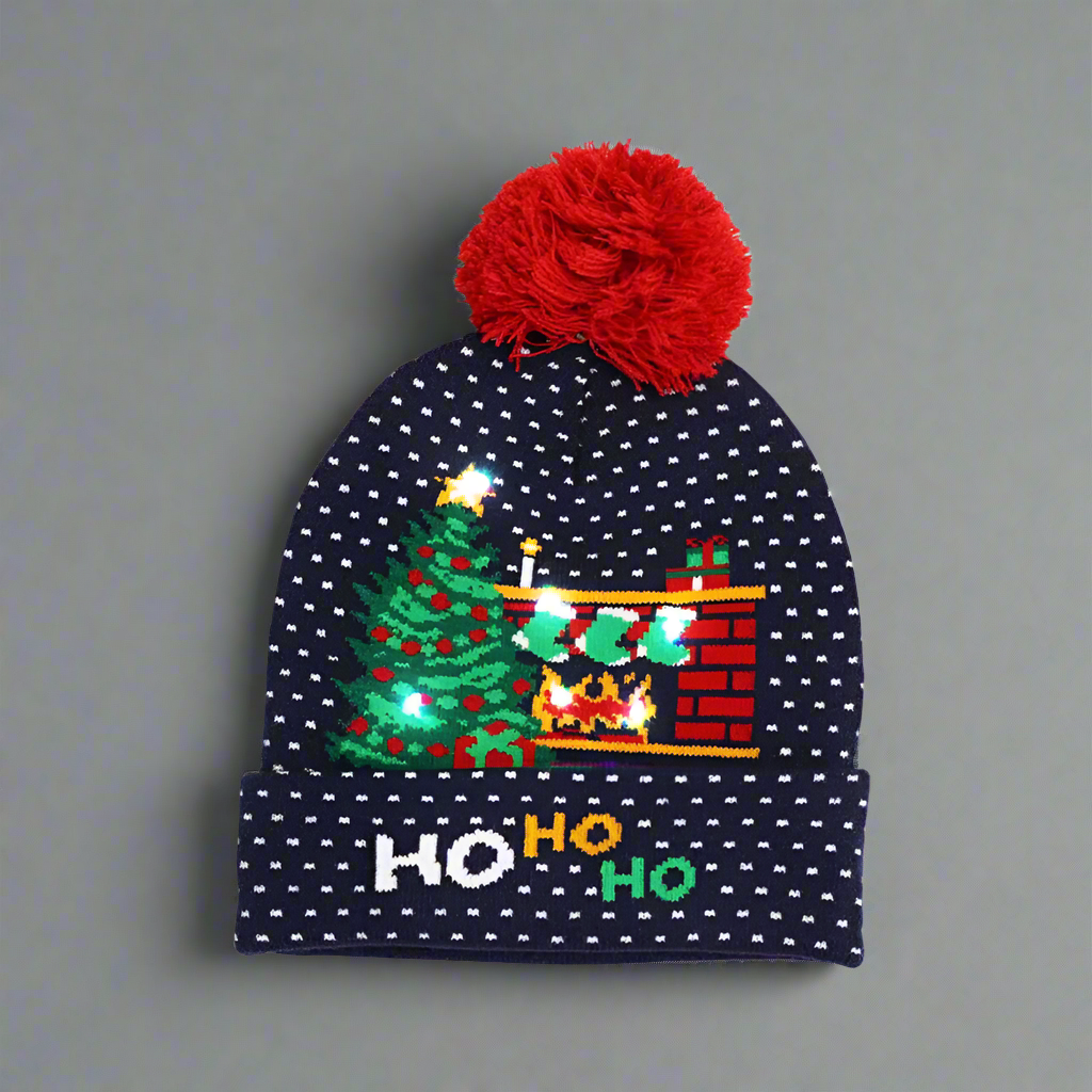 Light Up Christmas Beanie- Black with Red PomPom