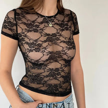 Black Lace Sheer Backless Top 02 / S Shirts