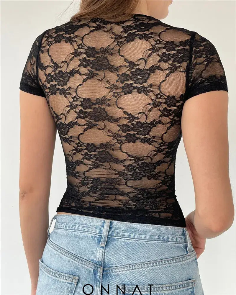 Black Lace Sheer Backless Top Shirts