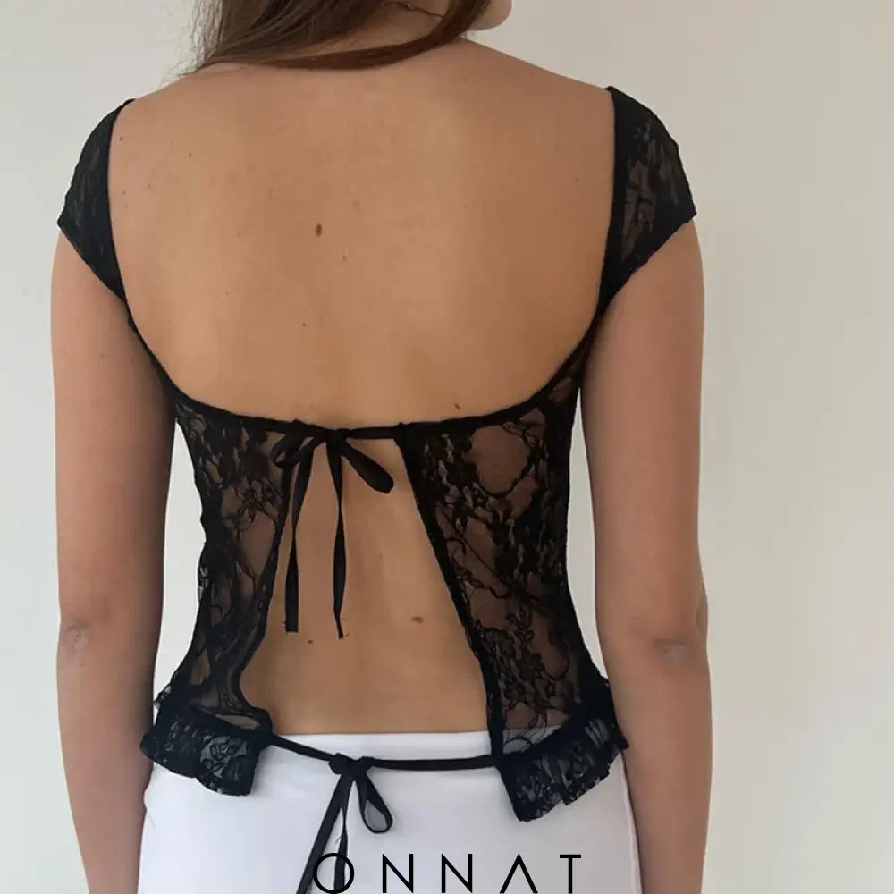 Black Lace Sheer Backless Top Shirts