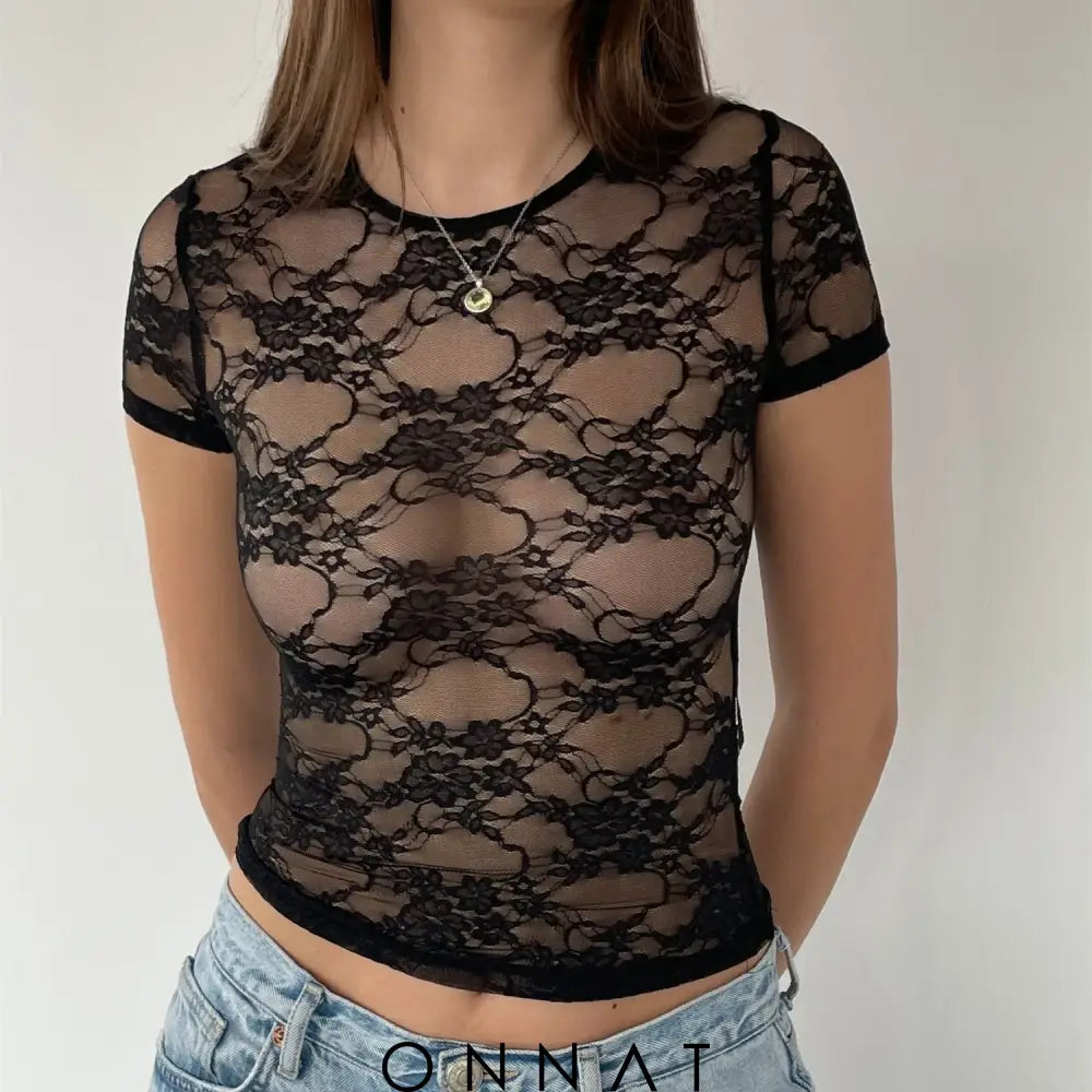 Black Lace Sheer Backless Top Shirts