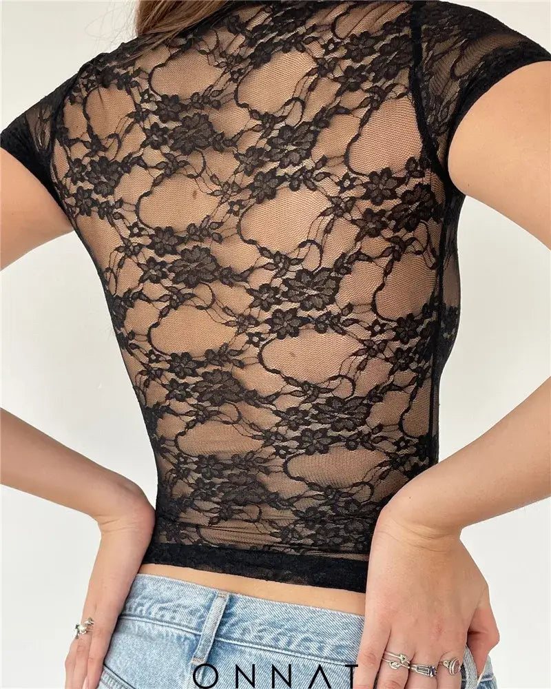 Black Lace Sheer Backless Top Shirts