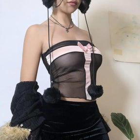 Black Mesh Lace Patchwork Tube Top Shirts