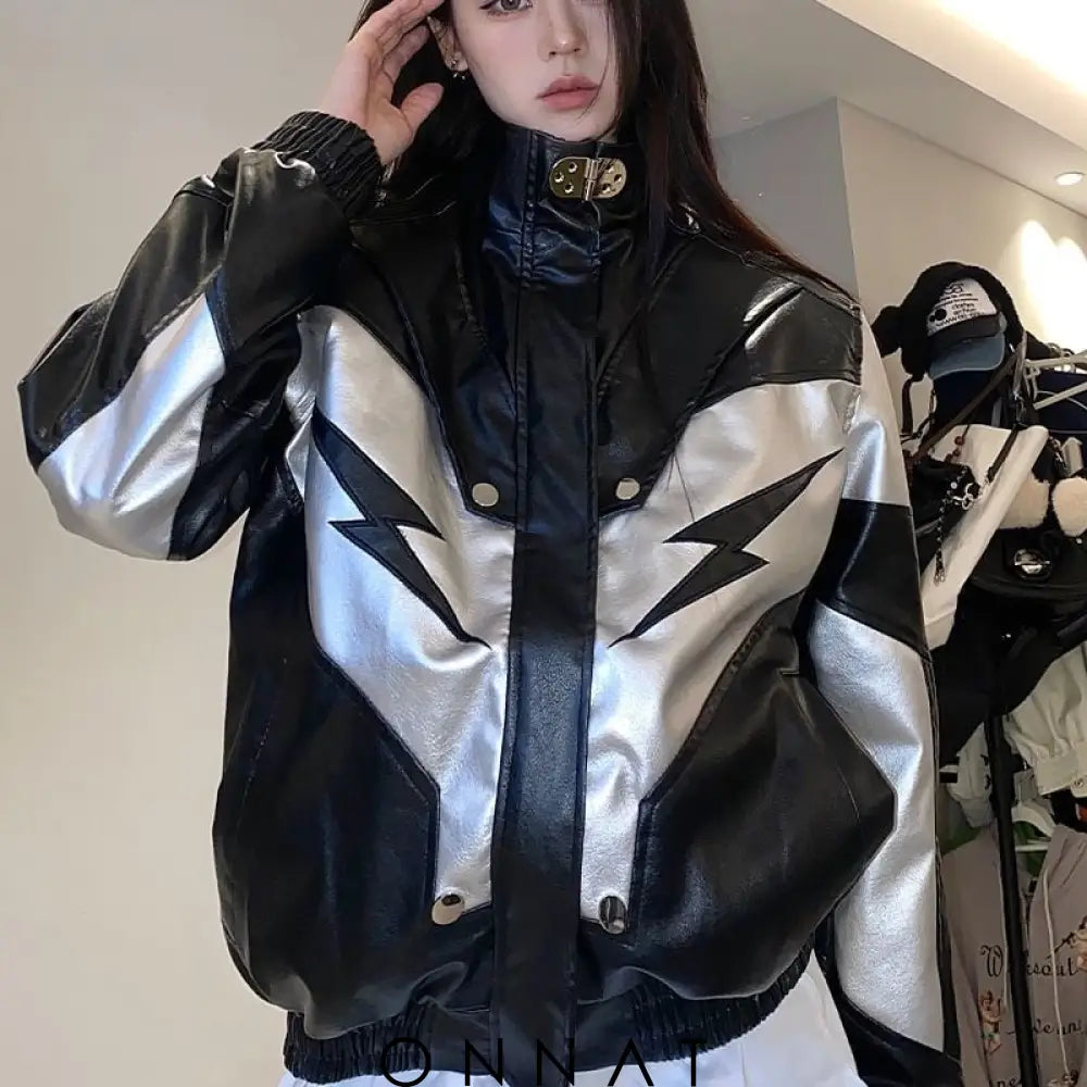 Black Silver Print Biker Jacket Coats & Jackets