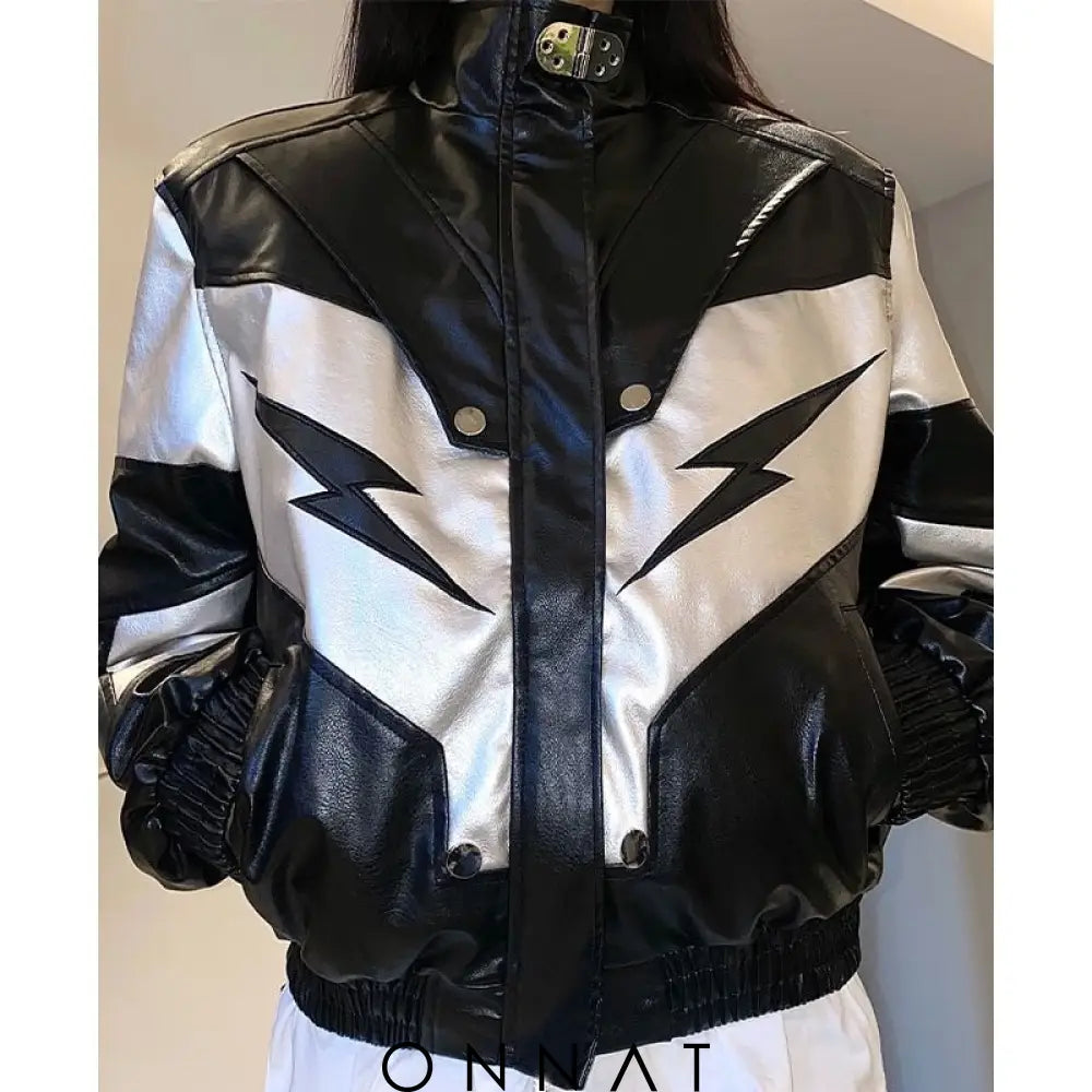 Black Silver Print Biker Jacket Coats & Jackets