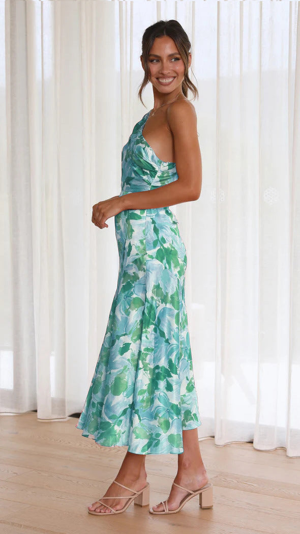 Onnat Ostra - Elegante jurk com één schouder com bloemenprint 