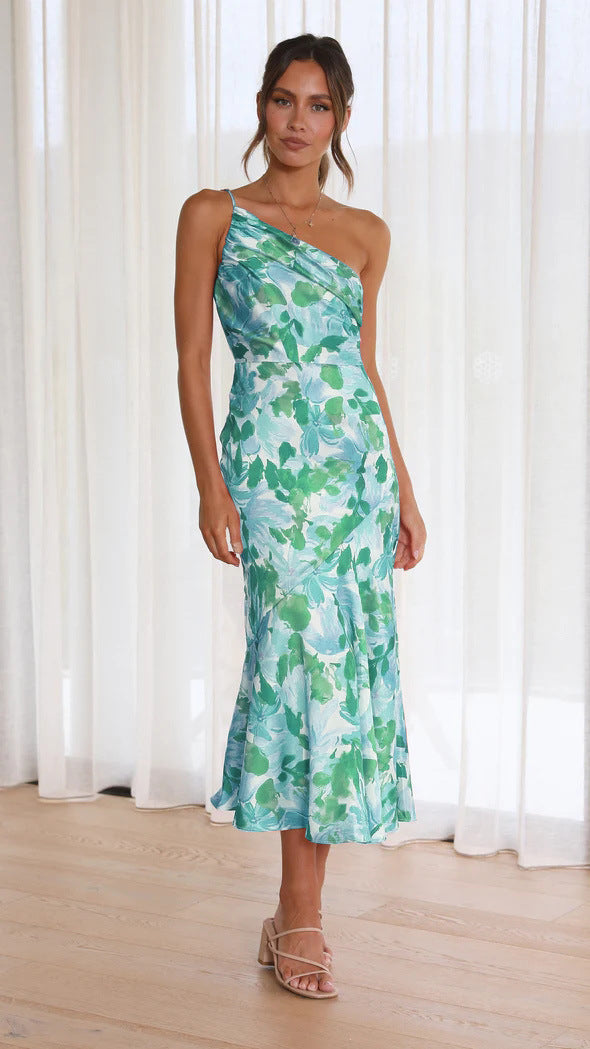 Onnat Ostra - Elegante jurk com één schouder com bloemenprint 