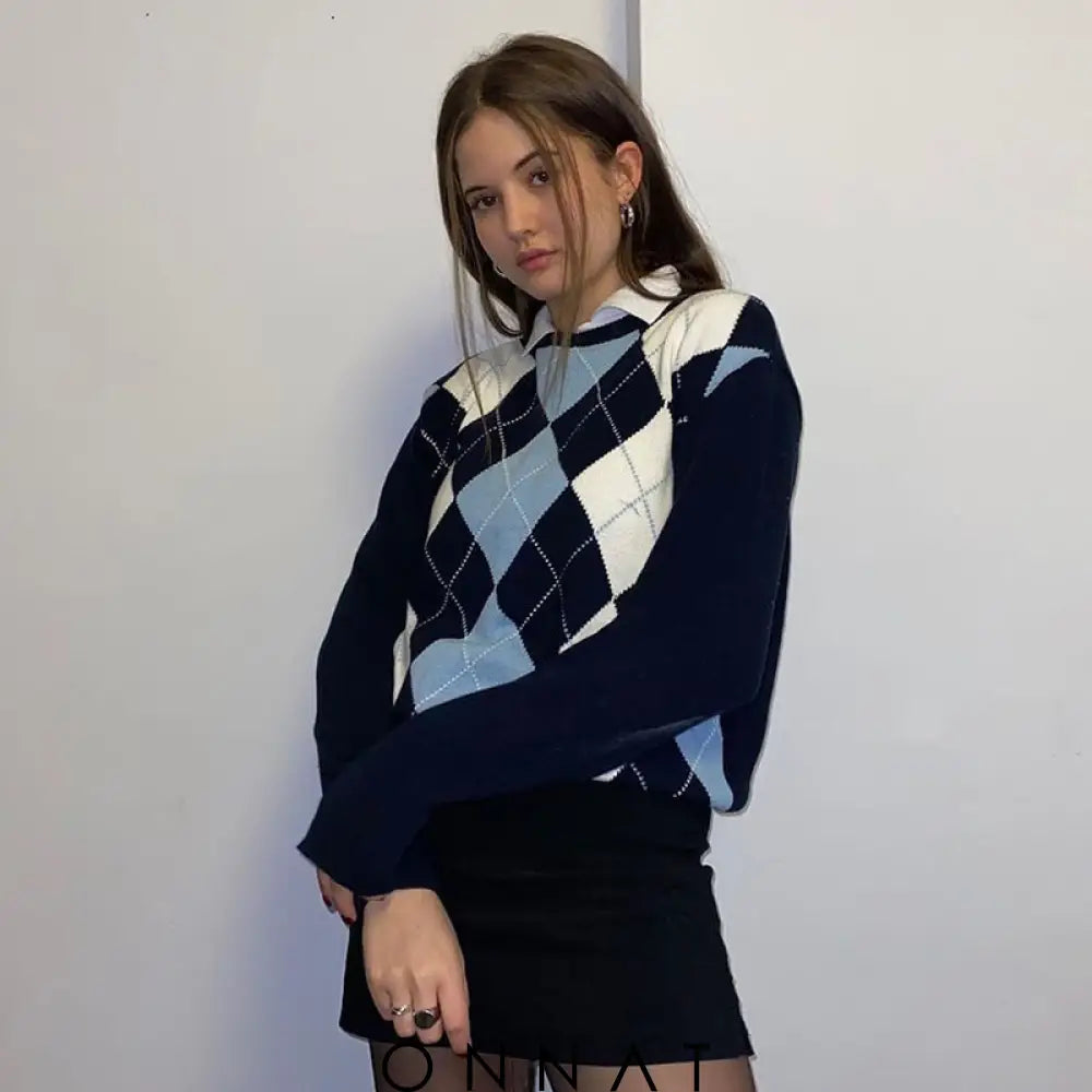 Blue Argyle Print Sweater Sweaters & Cardigans