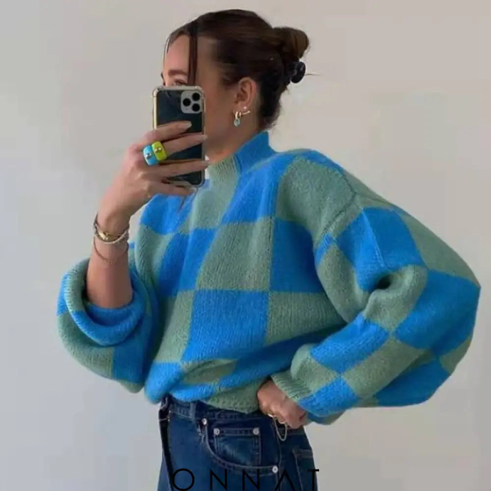 Blue Check Turtleneck Sweater Sweaters & Cardigans