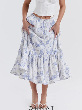 Blue Floral Print Midi Skirt Skirts