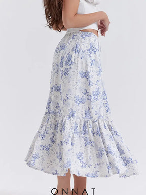 Blue Floral Print Midi Skirt Skirts