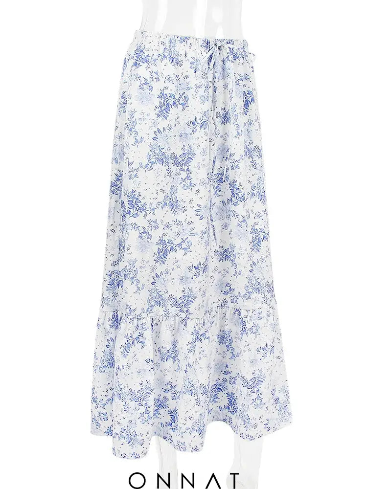 Blue Floral Print Midi Skirt Skirts