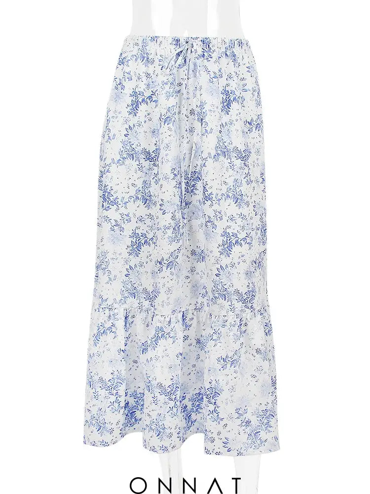 Blue Floral Print Midi Skirt Skirts