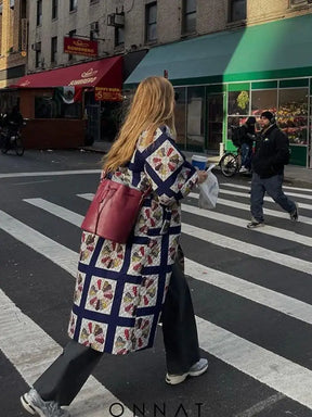 Blue Printed Quilted Overcoat Coats & Jackets