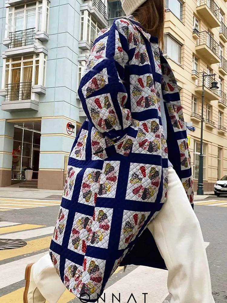 Blue Printed Quilted Overcoat Coats & Jackets