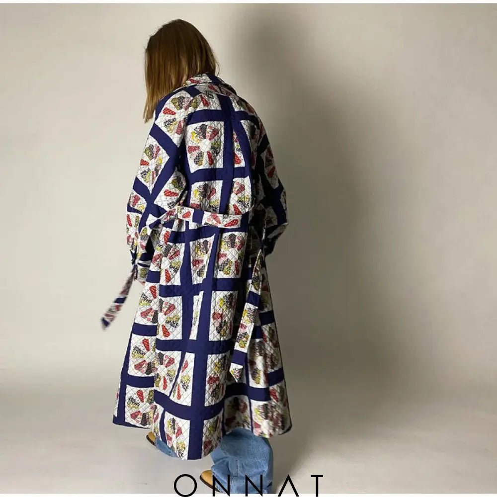 Blue Printed Quilted Overcoat Coats & Jackets