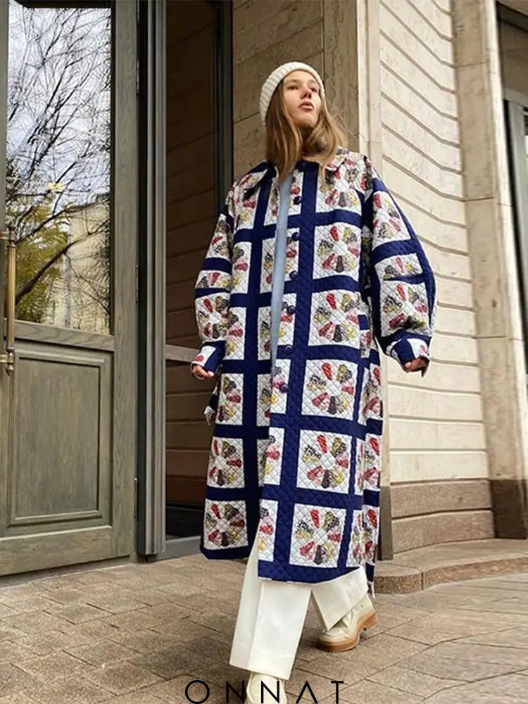 Blue Printed Quilted Overcoat Coats & Jackets