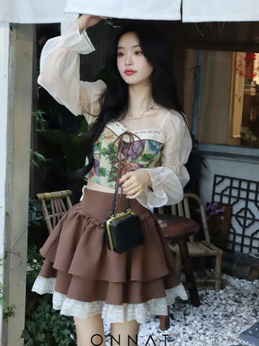 Brown Bow Lace Pleated Mini Skirt Skirts