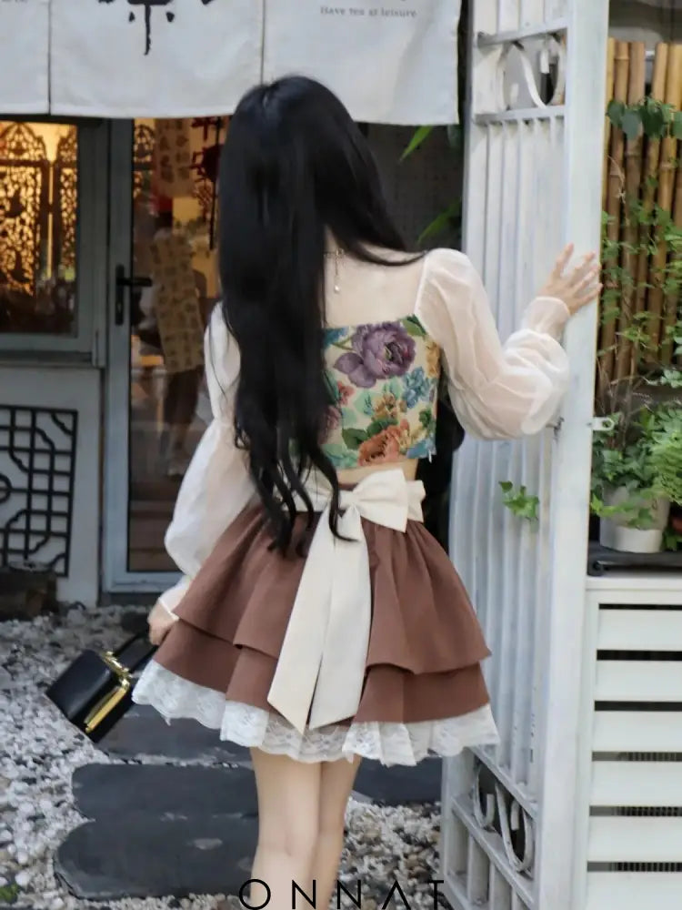 Brown Bow Lace Pleated Mini Skirt Skirts