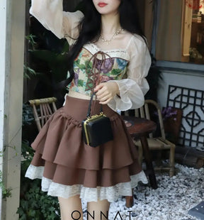 Brown Bow Lace Pleated Mini Skirt Skirts