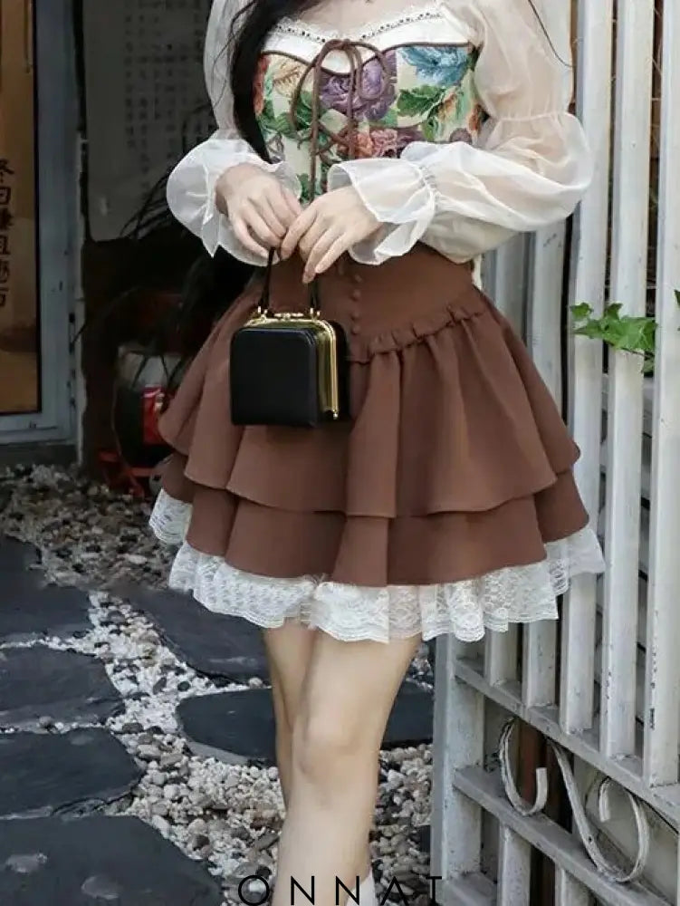 Brown Bow Lace Pleated Mini Skirt Skirts