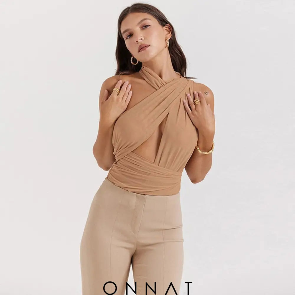 Brown Mesh Bandage Bodysuit Shirts