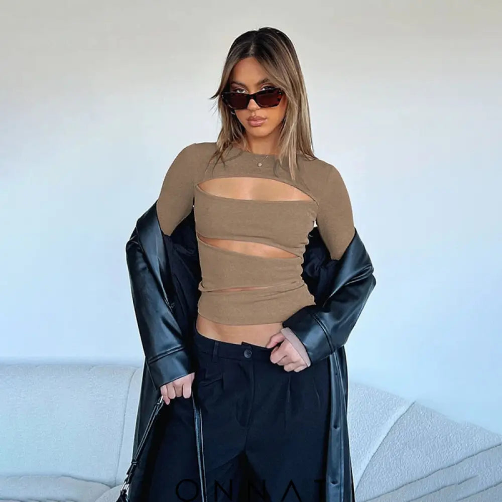 Brown Slit Long Sleeve Top Shirts