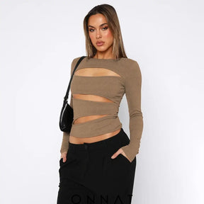 Brown Slit Long Sleeve Top Shirts