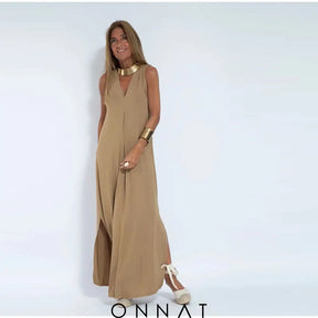 Chiara Onnat - Lange Jurk Met V-Hals En Vest Khaki / Zwart S Women’s Sets