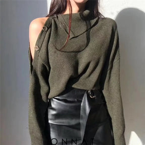 Cold Shoulder Buttoned Turtleneck Sweater Green / One Size Sweaters & Cardigans