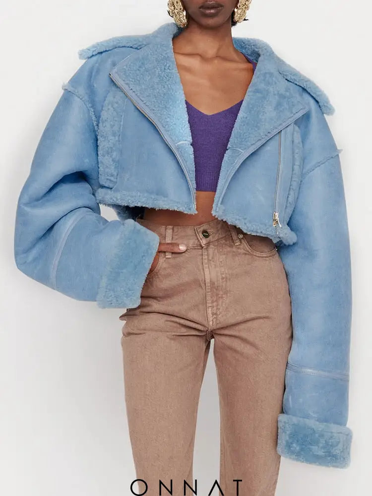 Cropped Fur Lining Biker Jacket Blue / S Coats & Jackets