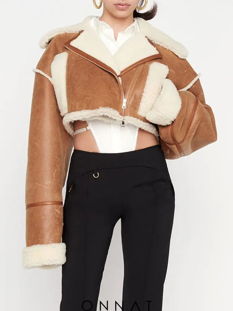 Cropped Fur Lining Biker Jacket Brown / S Coats & Jackets