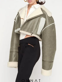 Cropped Fur Lining Biker Jacket Green / S Coats & Jackets