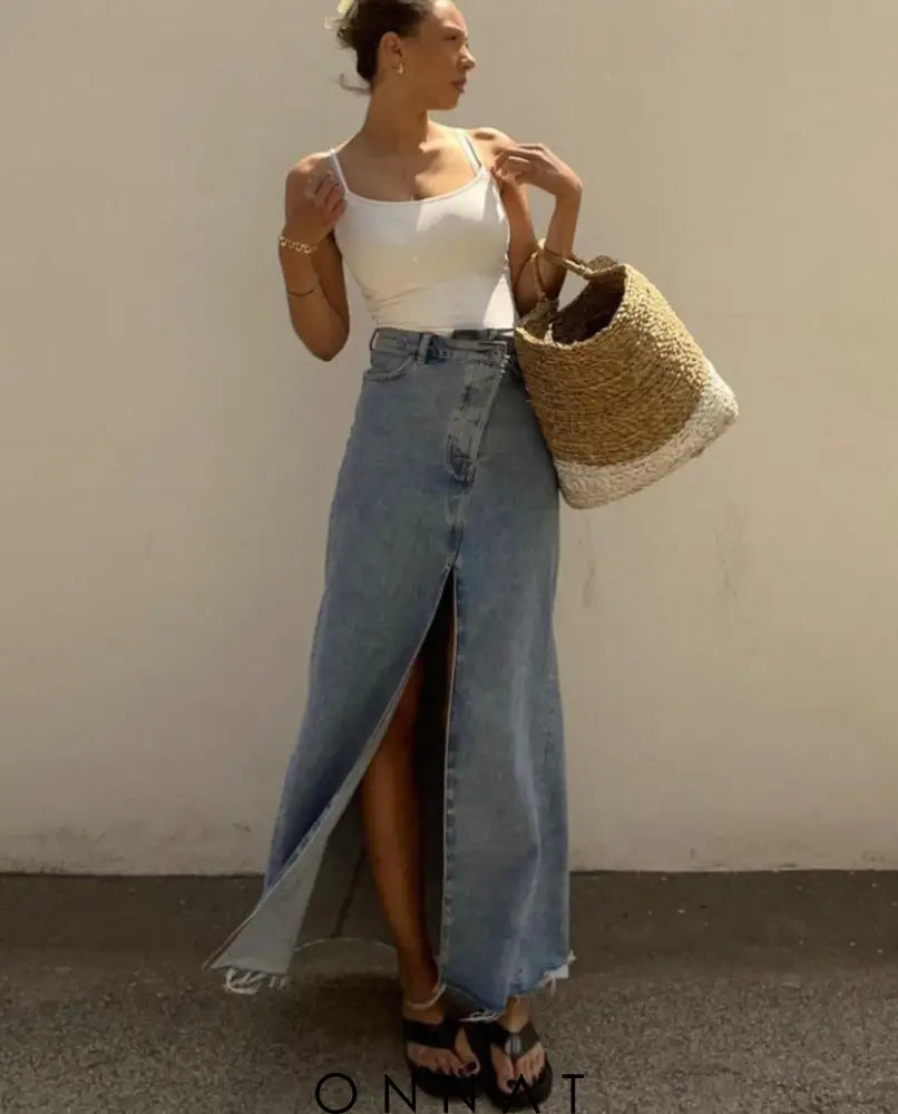 Denim High Waist Slit Long Skirt Skirts