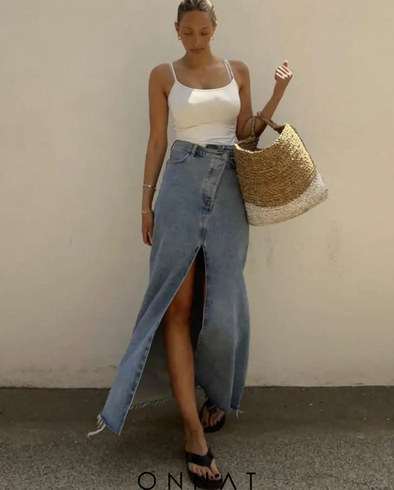 Denim High Waist Slit Long Skirt Skirts