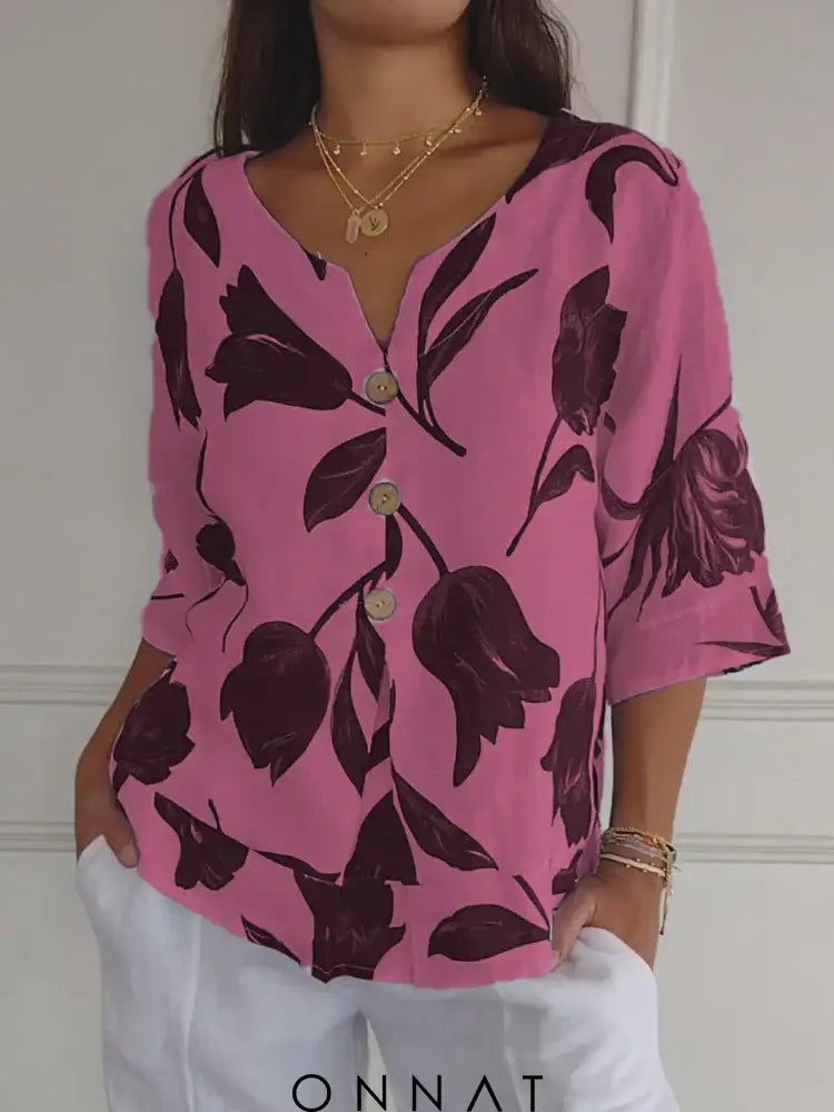 Ellen Onnat - Bloemen Print Blouse Met V-Hals Roze / S Tops