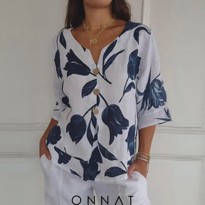 Ellen Onnat - Bloemen Print Blouse Met V-Hals Wit / S Tops