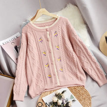 Embroidery Floral Cable Knitted Cardigan Pink / One Size Sweaters & Cardigans