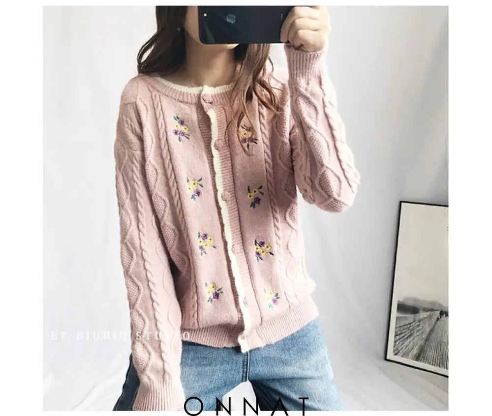 Embroidery Floral Cable Knitted Cardigan Sweaters & Cardigans