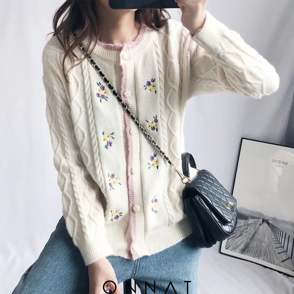 Embroidery Floral Cable Knitted Cardigan Sweaters & Cardigans