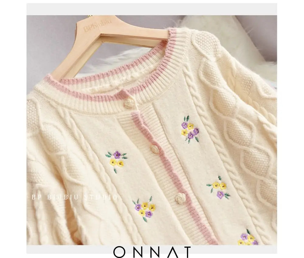 Embroidery Floral Cable Knitted Cardigan Sweaters & Cardigans