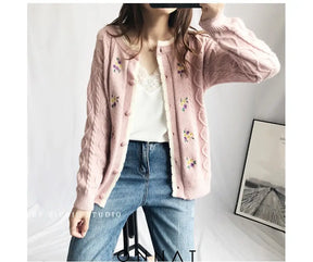 Embroidery Floral Cable Knitted Cardigan Sweaters & Cardigans