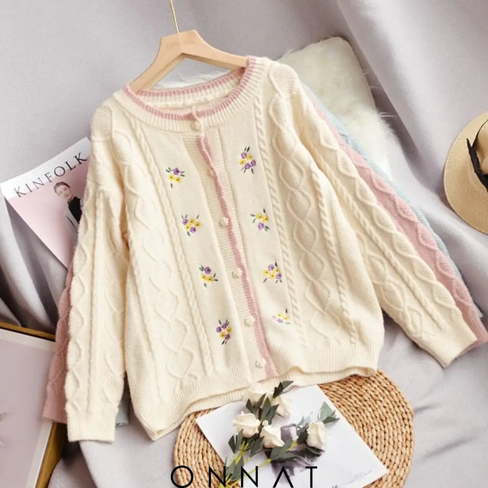 Embroidery Floral Cable Knitted Cardigan White / One Size Sweaters & Cardigans