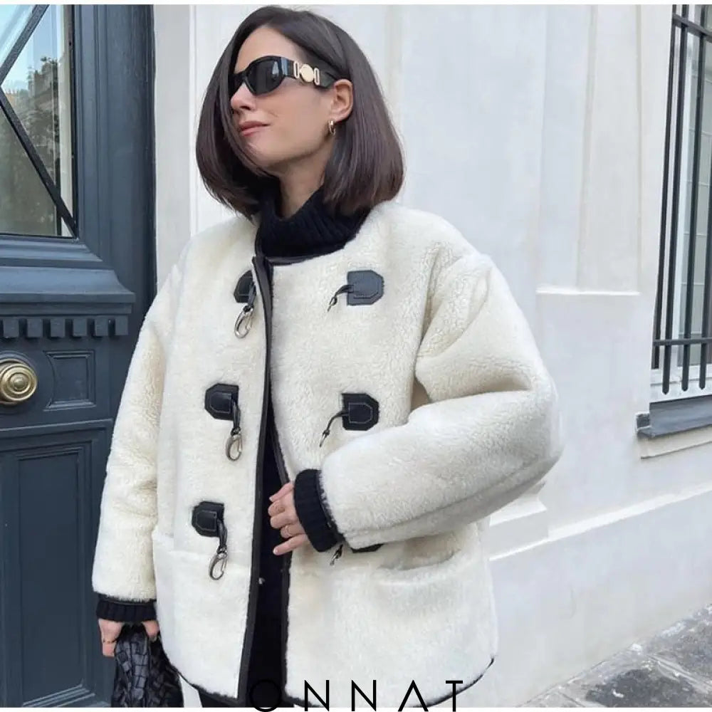 Faux Fur Plush Buckle Jacket Beige / S Coats & Jackets